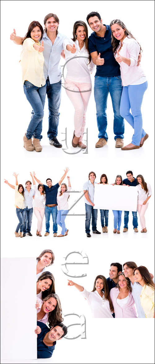      / Happy young people with white banners on white - stock photo
