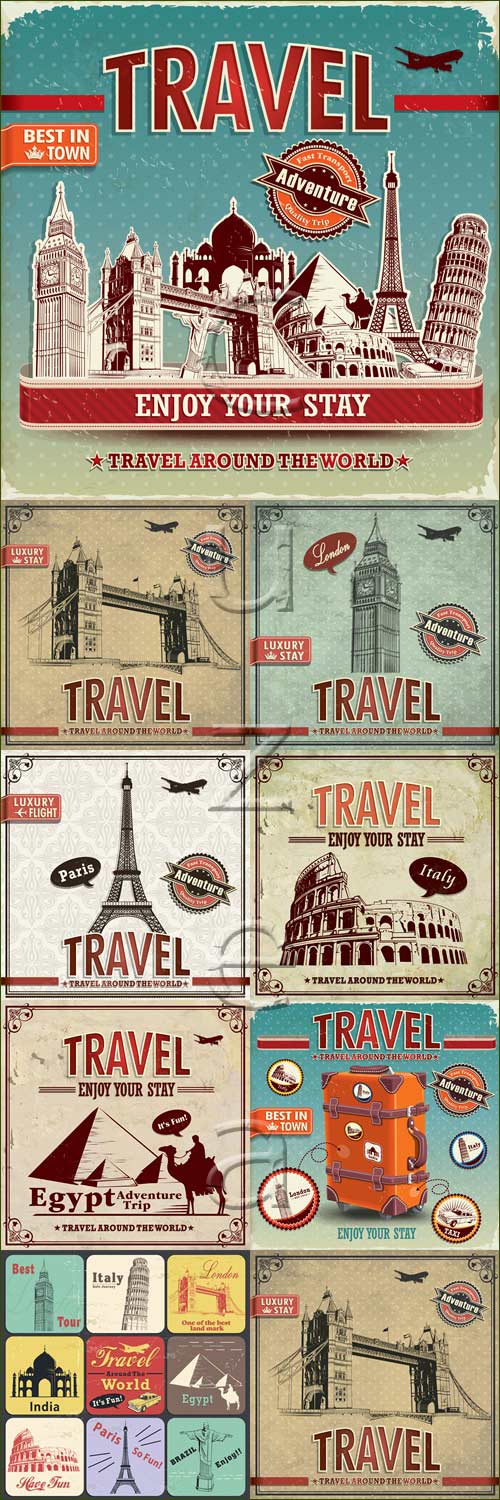     / Travel backgrouns with world monuments - vector stock