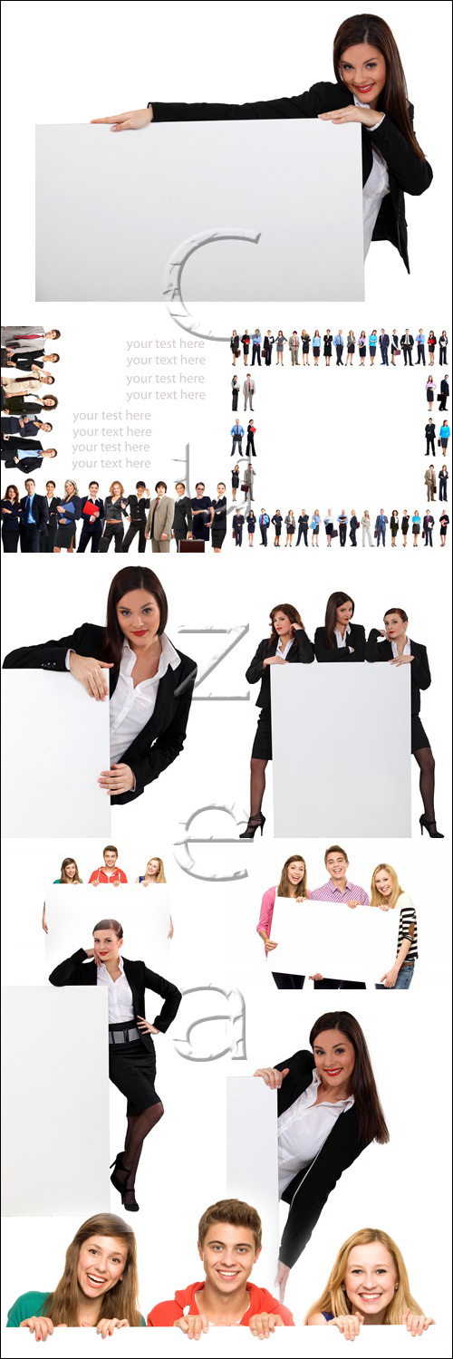        / People in color clothers with banners on white - stock photo