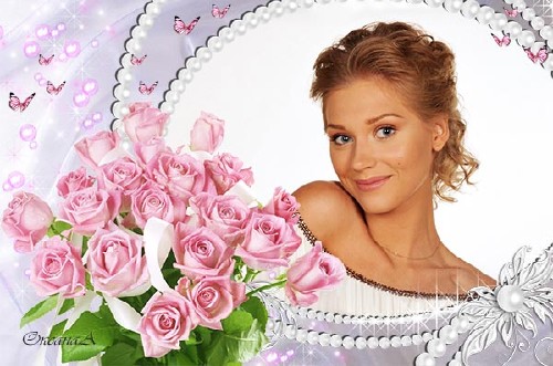 Женская рамка – Жемчуг и букет розовых роз  