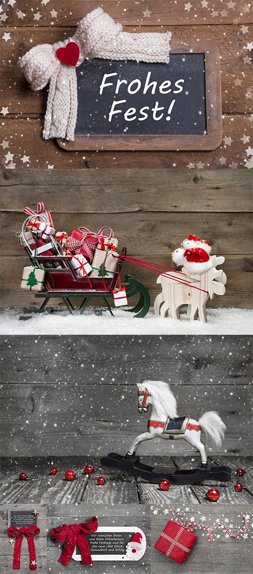 Christmas objects on a wooden background -     