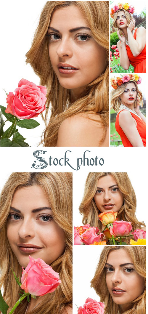Effect blond woman with roses - stock photo