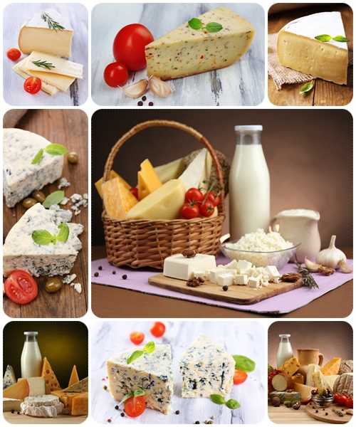Basket with tasty dairy products and cheese - stock photol