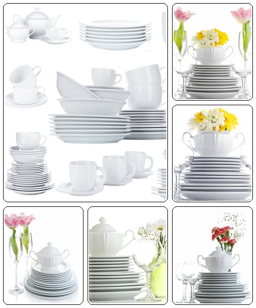 Stack of white ceramic dishes and flowers, isolated on white - Stock Photo