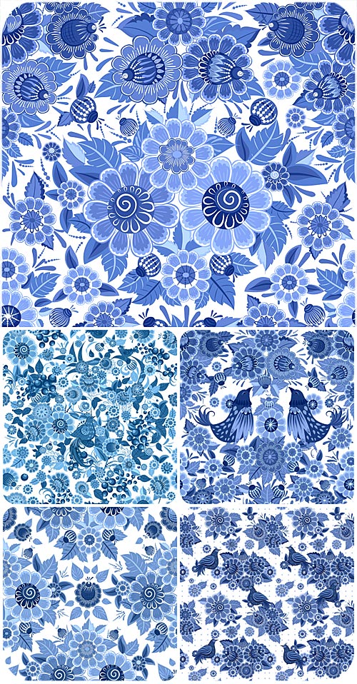 Цветочные синие фоны с птицами, вектор / Blue floral background with birds, ...