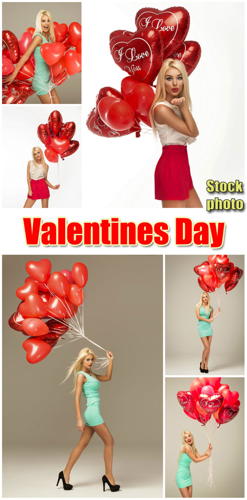 Girl with balloons, Valentine's Day - stock photos