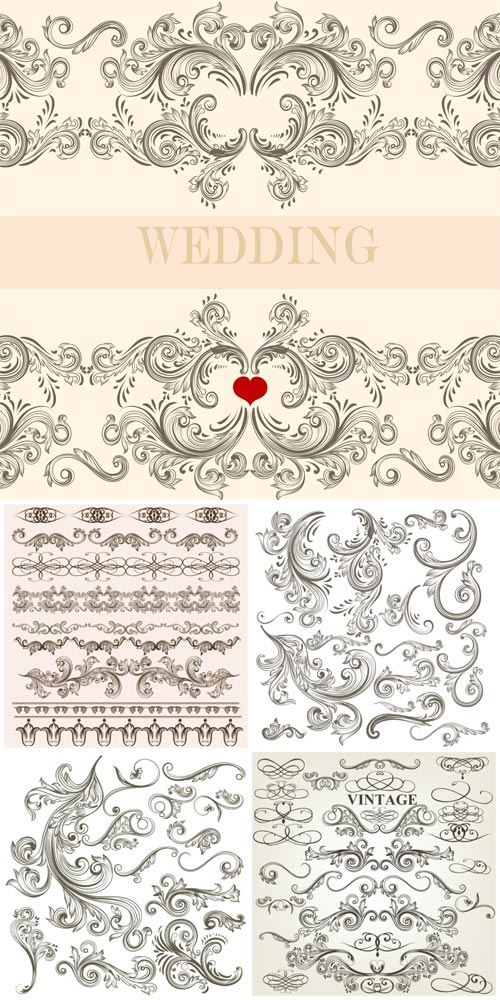 Wedding invitations, vintage decorative elements vector 4