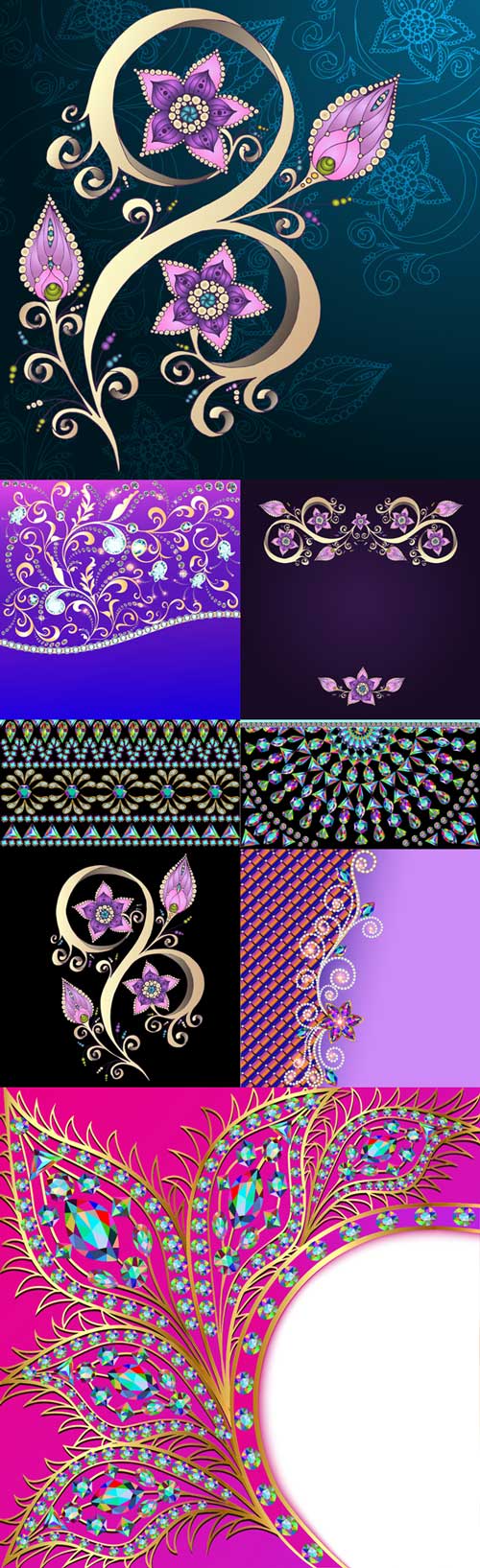 Vector background with floral ornaments and precious stones