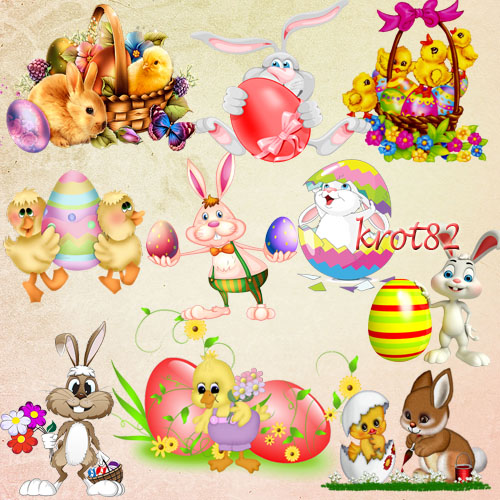 Клипарт на прозрачном фоне – Пасхальные зайцы и цыплята с яйцами