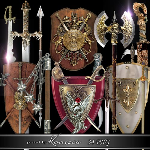 Клипарт на прозрачном фоне для дизайна - Щиты, мечи, алебарды, копья и другое старинное оружие