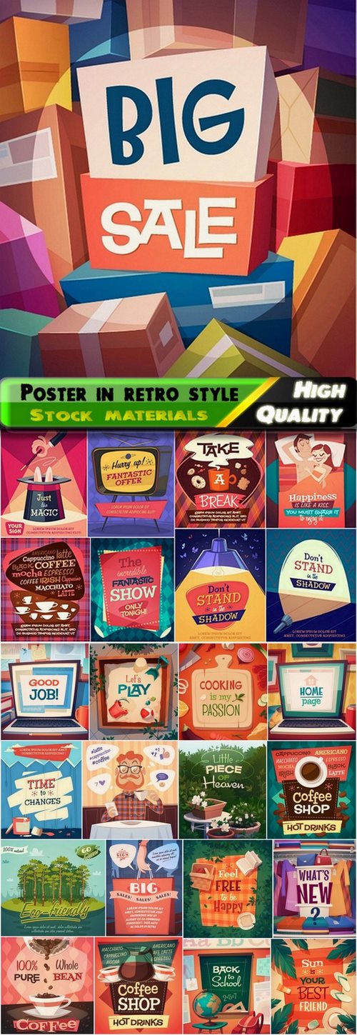 Illustrations in retro style with quotes for poster template - 25 Eps