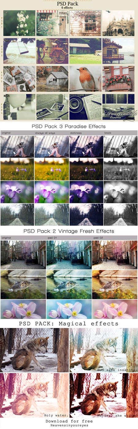 Vintage, Magical and Paradise PSD Effects for Photohop