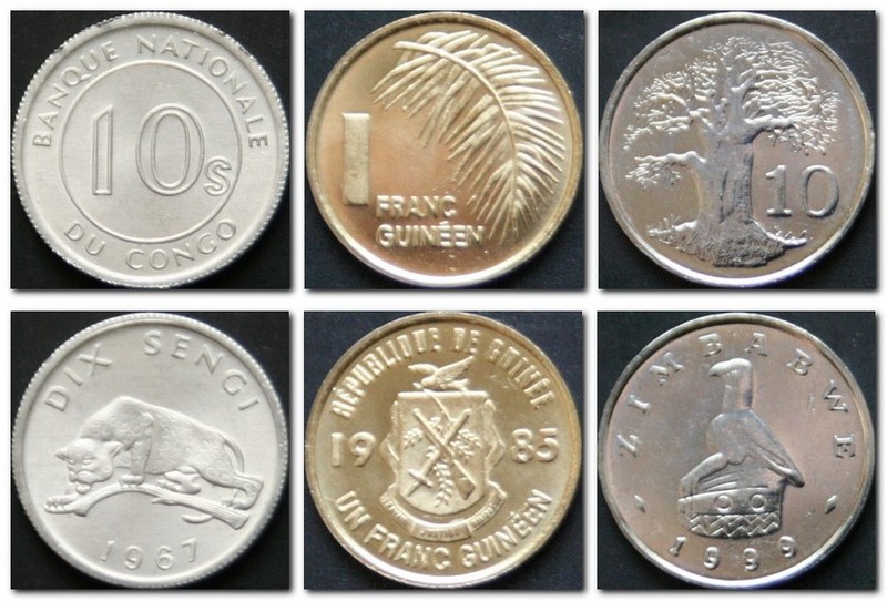 Монеты и купюры мира №139 10 сенги (ДР Конго), 1 франк (Гвинея), 10 центов (Зимбабве)
